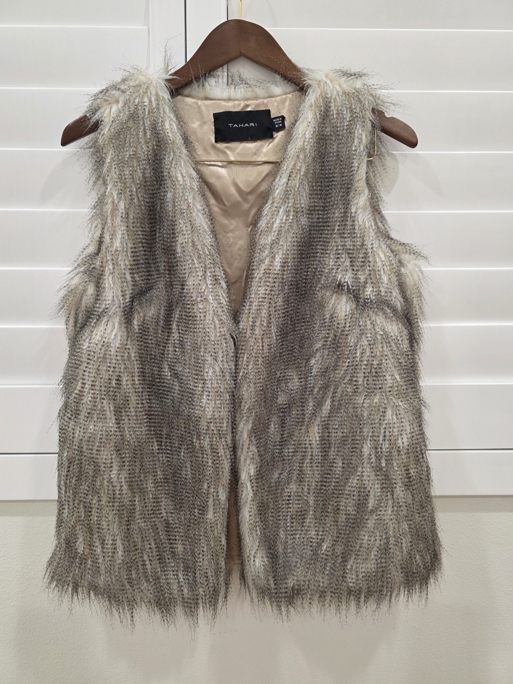 Tahari Faux Fur Vest in Taupe and Cream